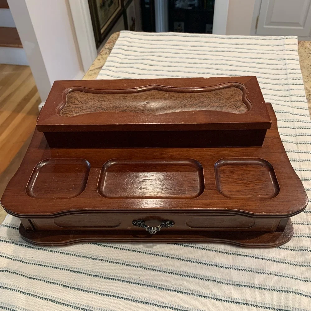 Vintage Solid Wood Leather Felt London 2-tiered Dresser Top Jewelry Box